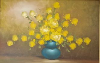 UNKNOWN oil on board - flowers in a vase, 70 x 100cms Comments: vintage gold frame