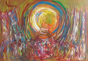 ANDREW VICARI oil on canvas - entitled 'The Watchers at Pentecost', 85 x 115cms Comments: