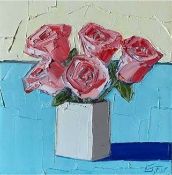 ESTHER ECKLEY acrylic on box canvas - still life flowers in a vase, 30 x 30cms
