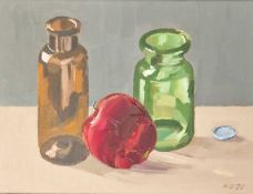 RICHARD O'CONNELL oil on canvas - apple with two glass objects, 26 x 34cms Comments: dark grey