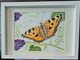 SUE TRUSLER watercolour - butterfly and foliage, 26 x 34cms Comments: framed and glazed in white