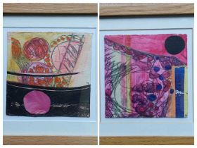 LISA HENDERSON collages, a pair - entitled 'Summer Garden 1 & 2', 25 x 25cms Comments: glazed and