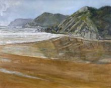 ARTHUR CHARLTON acrylic on board - Caswell Bay, 66 x 83cms Comments: white frame