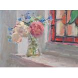 LYNNE CARTLIDGE oil on board - entitled 'Roses and Stained Glass', 30 x 40cms Comments: beautiful