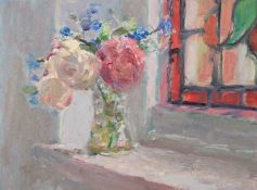 LYNNE CARTLIDGE oil on board - entitled 'Roses and Stained Glass', 30 x 40cms Comments: beautiful