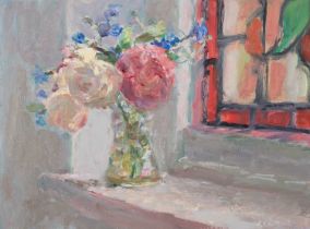 LYNNE CARTLIDGE oil on board - entitled 'Roses and Stained Glass', 30 x 40cms Comments: beautiful