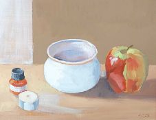 RICHARD O'CONNELL oil on canvas - entitled 'White Jar with Objects', 27 x 33cms Comments: dark