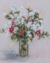 ELIZABETH WESTCOTT acrylic on canvas - entitled verso 'Calamine Vase', signed, 76 x 61cms