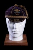 A 1903 WALES INTERNATIONAL TRIAL RUGBY UNION CAP Purple velvet, six sections, embroidered Prince