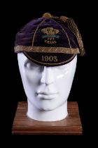 A 1903 WALES INTERNATIONAL TRIAL RUGBY UNION CAP Purple velvet, six sections, embroidered Prince