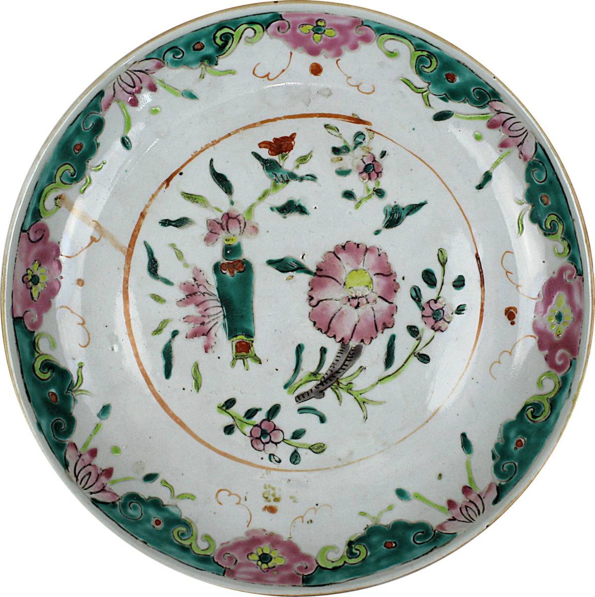 Chinesischer Teller, Famille Verte, Republik-Zeit, Porzellan, weißer Scherben mit auf Glasur