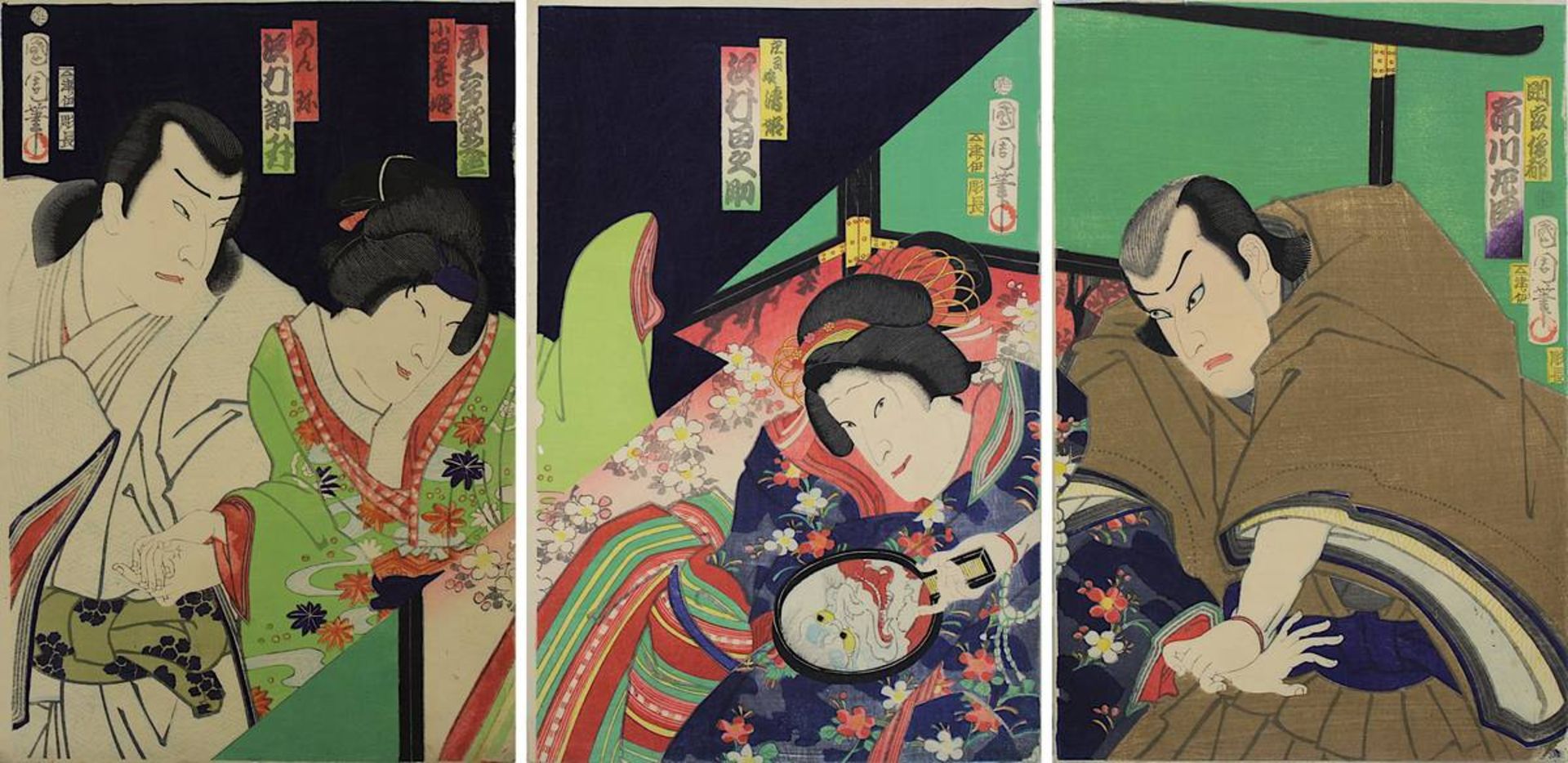 Toyohara Kunichika (1835 - 1900), 3 japanische Farbholzschnitte, Triptychon mit Theaterszene,