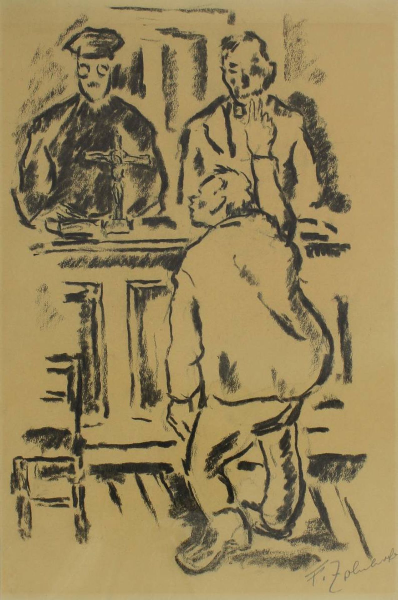 Zolnhofer, Fritz (Wolfstein 1896 - 1965 Saarbrücken), "Der Eid vor dem Richter", Kohlezeichnung, re. - Bild 2 aus 2