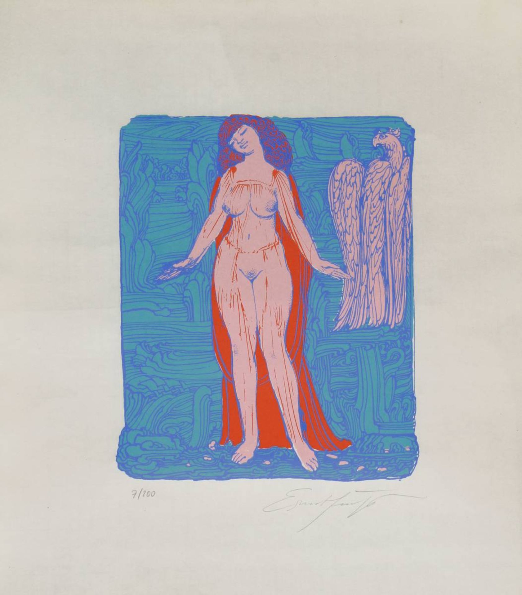 Fuchs, Ernst (Wien 1930 - 2015 Wien), Weiblicher Akt mit Adler, Farblithografie, num. 7/200, unt.