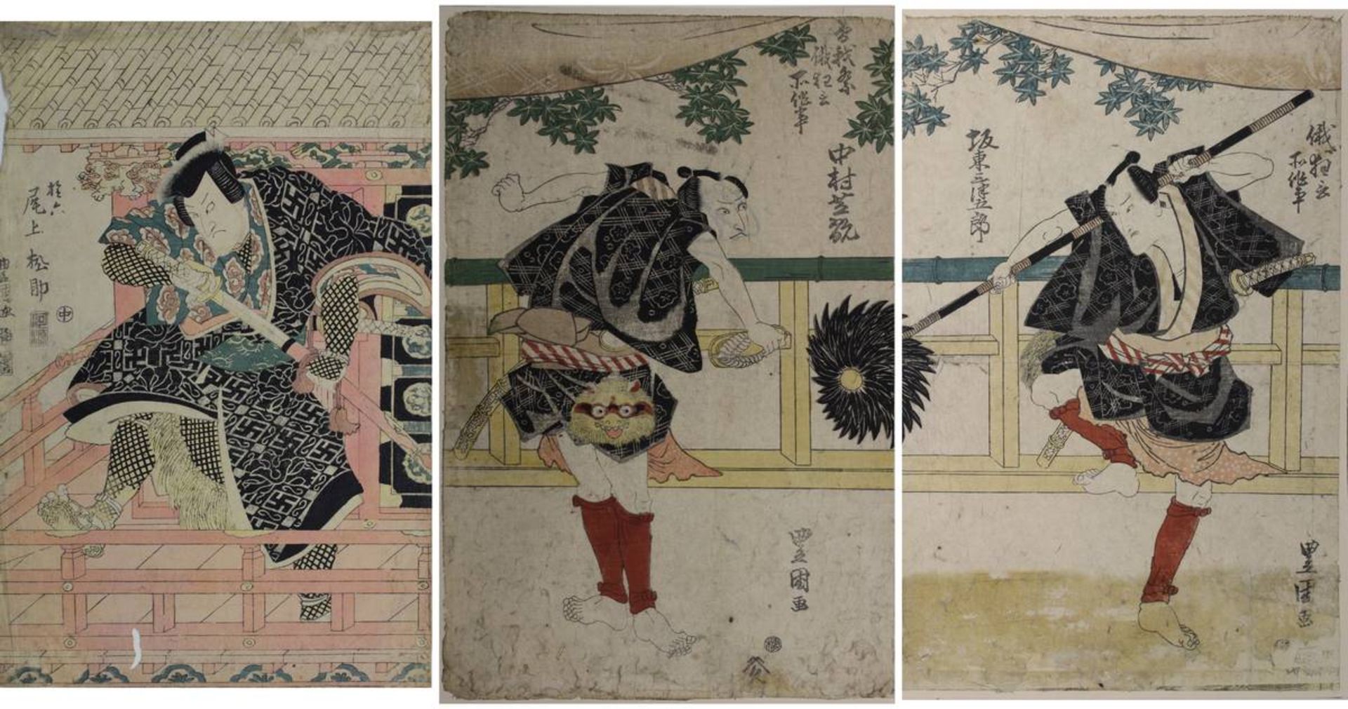 Toyokuni, wohl Utagawa Kunisada (1786 - 1865), 3 japanische Farbholzschnitte mit 3 Schauspielern