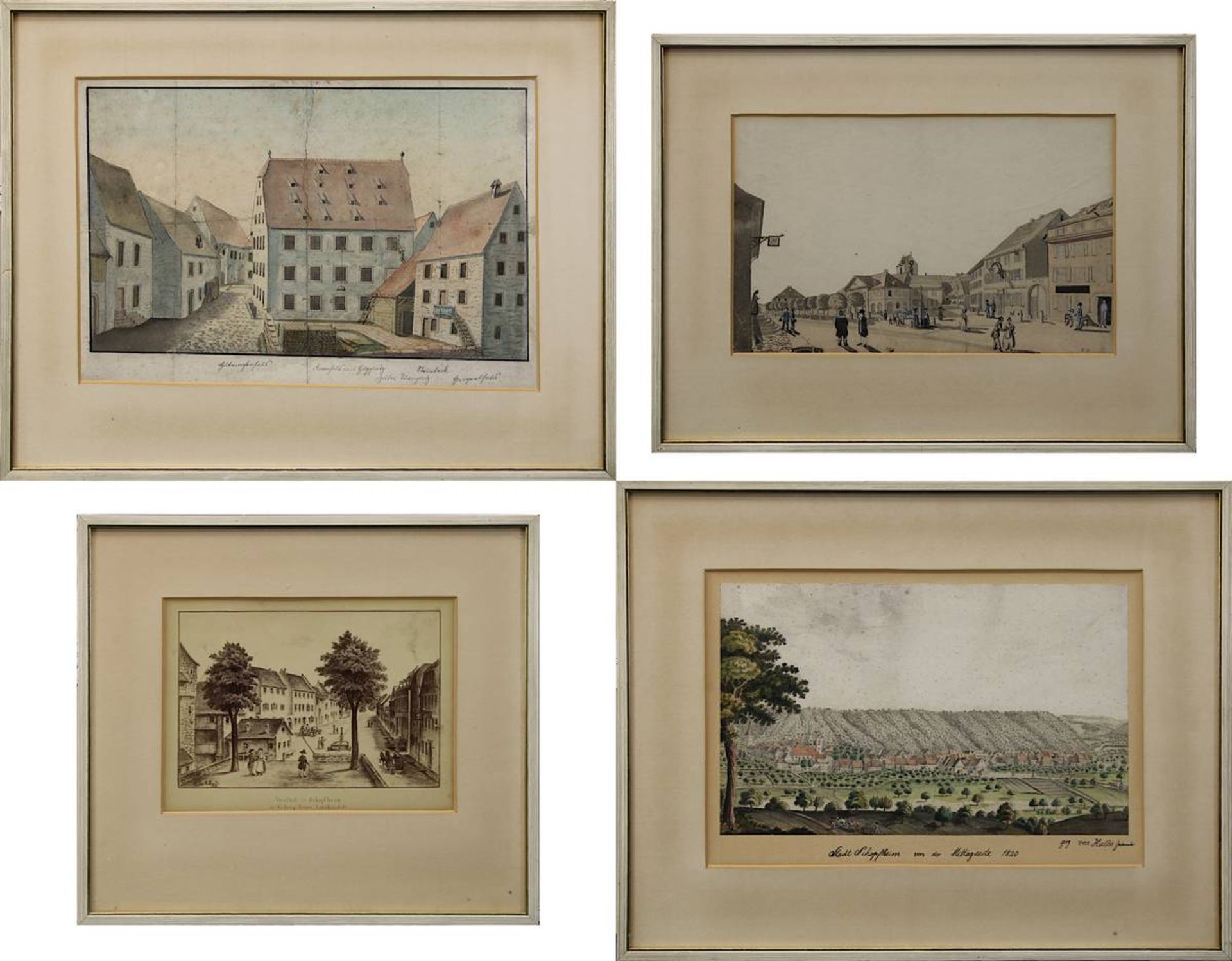 Vier Ansichten der Stadt Schopfheim: Ansicht Stadt Schopfheim, aquarellierte Zeichnung, betitelt
