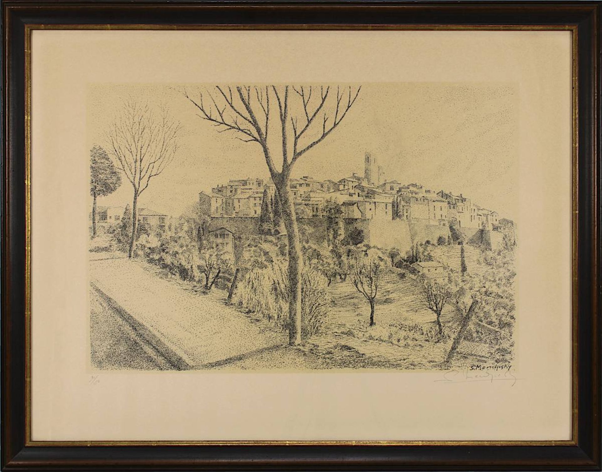 Mendjisky, Serge (Paris 1929 - 2017 Paris), Stadtansicht, wohl in der Provence, Lithographie, am