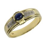 Gelbgold-Herrenring mit Saphircabochon u. Diamanten, Ringschiene 585 gestempelt, Ringkopf besetzt