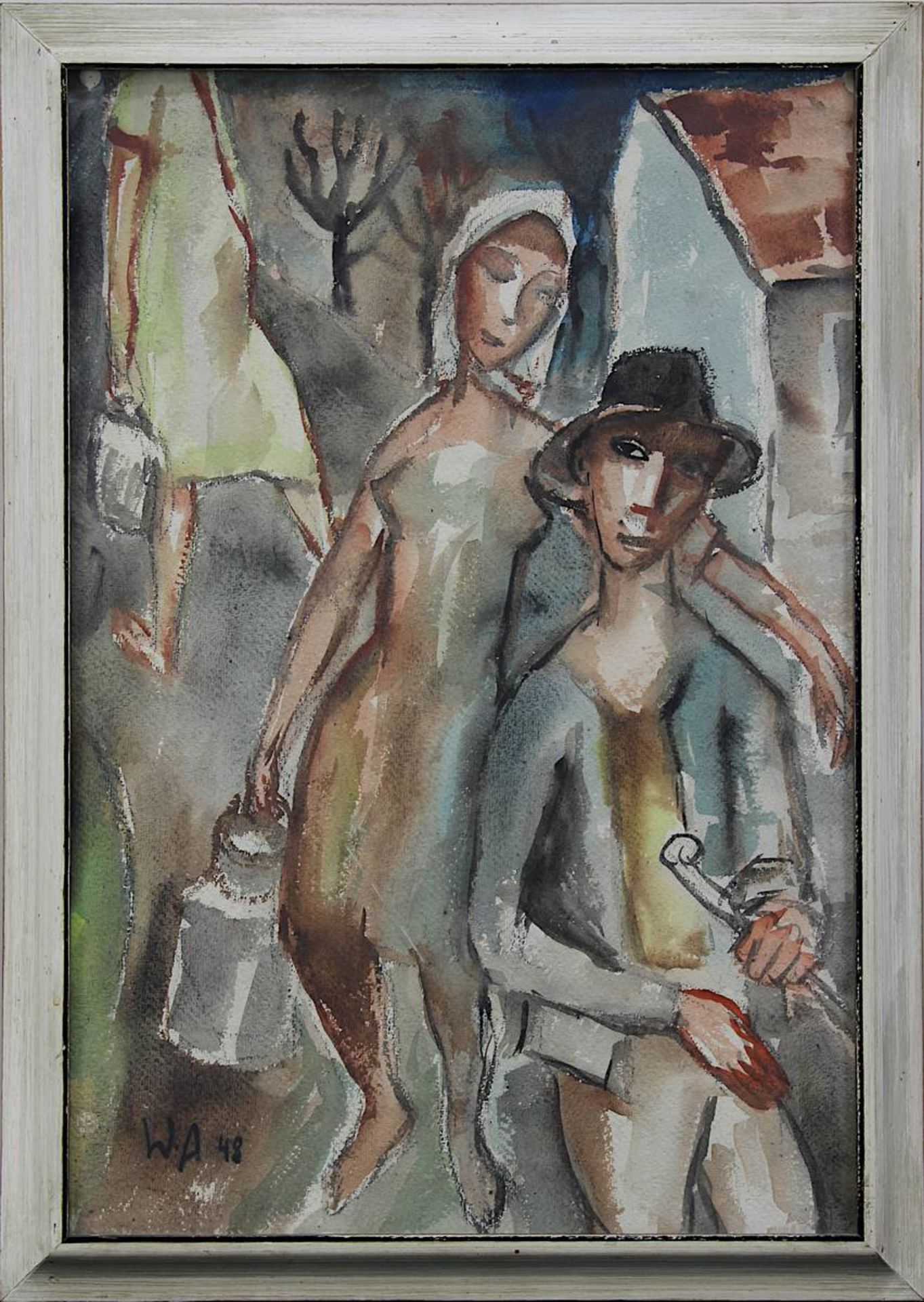 Wanschap, Helmut (Berlin 1911 - 1987 Kusel), Jüngerer Mann und Frau mit Milchkanne, Aquarell,