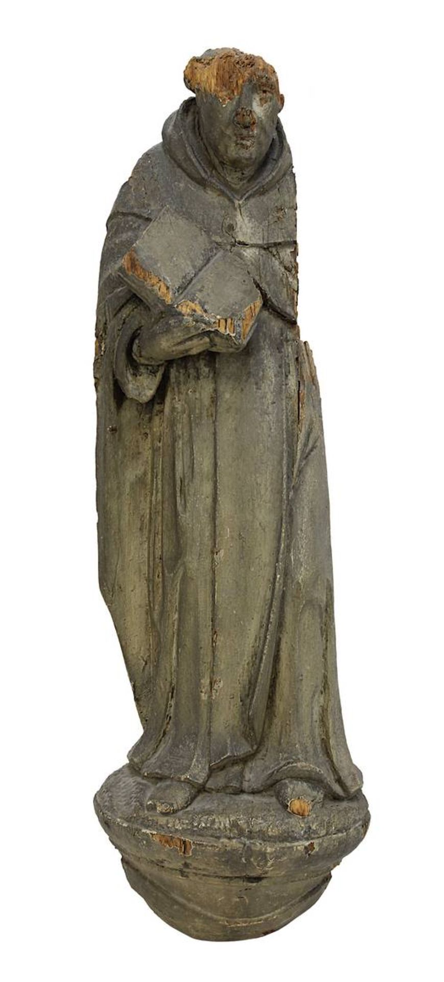Bildschnitzer 15./16. Jh., Figur eines Mönchs im Habit mit Buch, fragemtarische Erhaltung, Holz