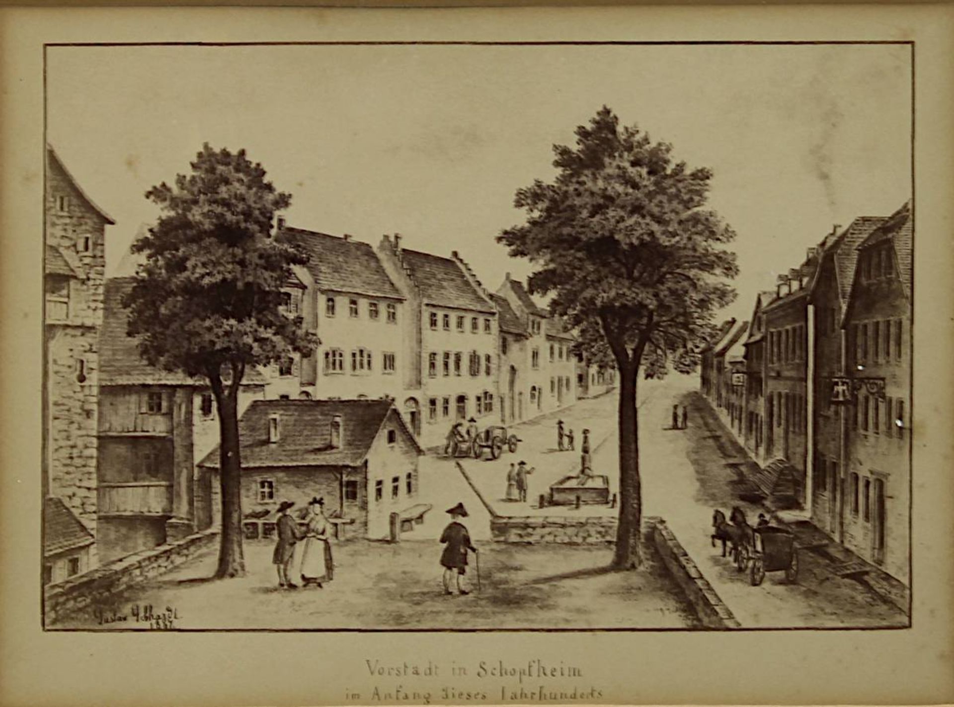 Vier Ansichten der Stadt Schopfheim: Ansicht Stadt Schopfheim, aquarellierte Zeichnung, betitelt - Bild 9 aus 9