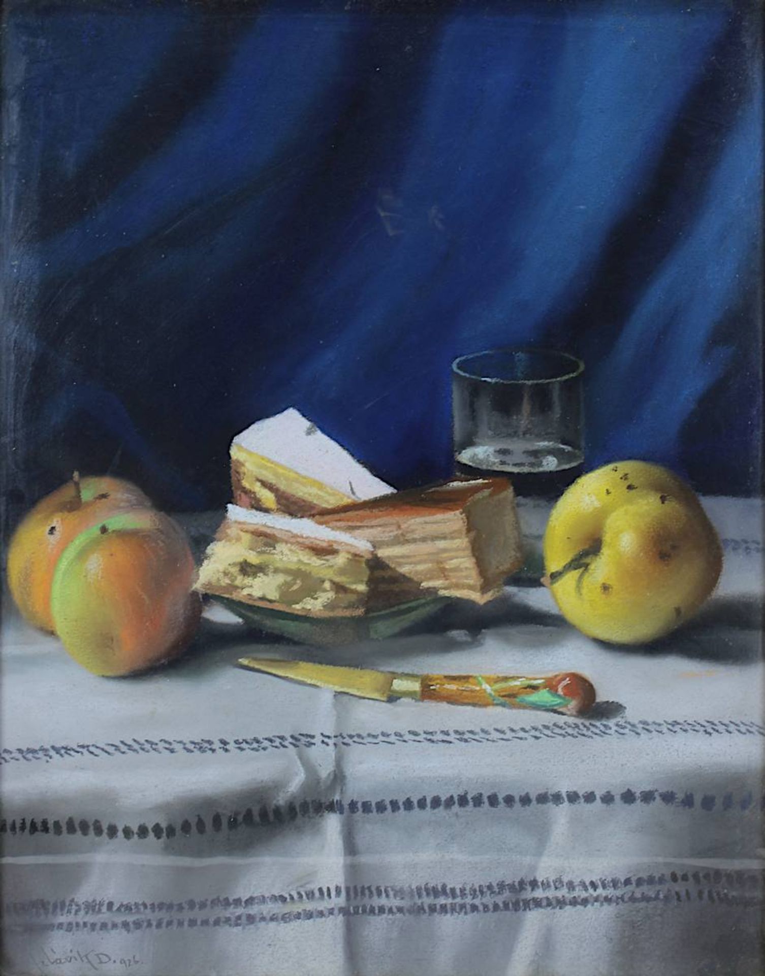 Dezsö, Szlávik (Ungarischer Maler 1887 - wohl 1939), Stilleben mit Kuchen, Früchten, Messer und - Bild 2 aus 4