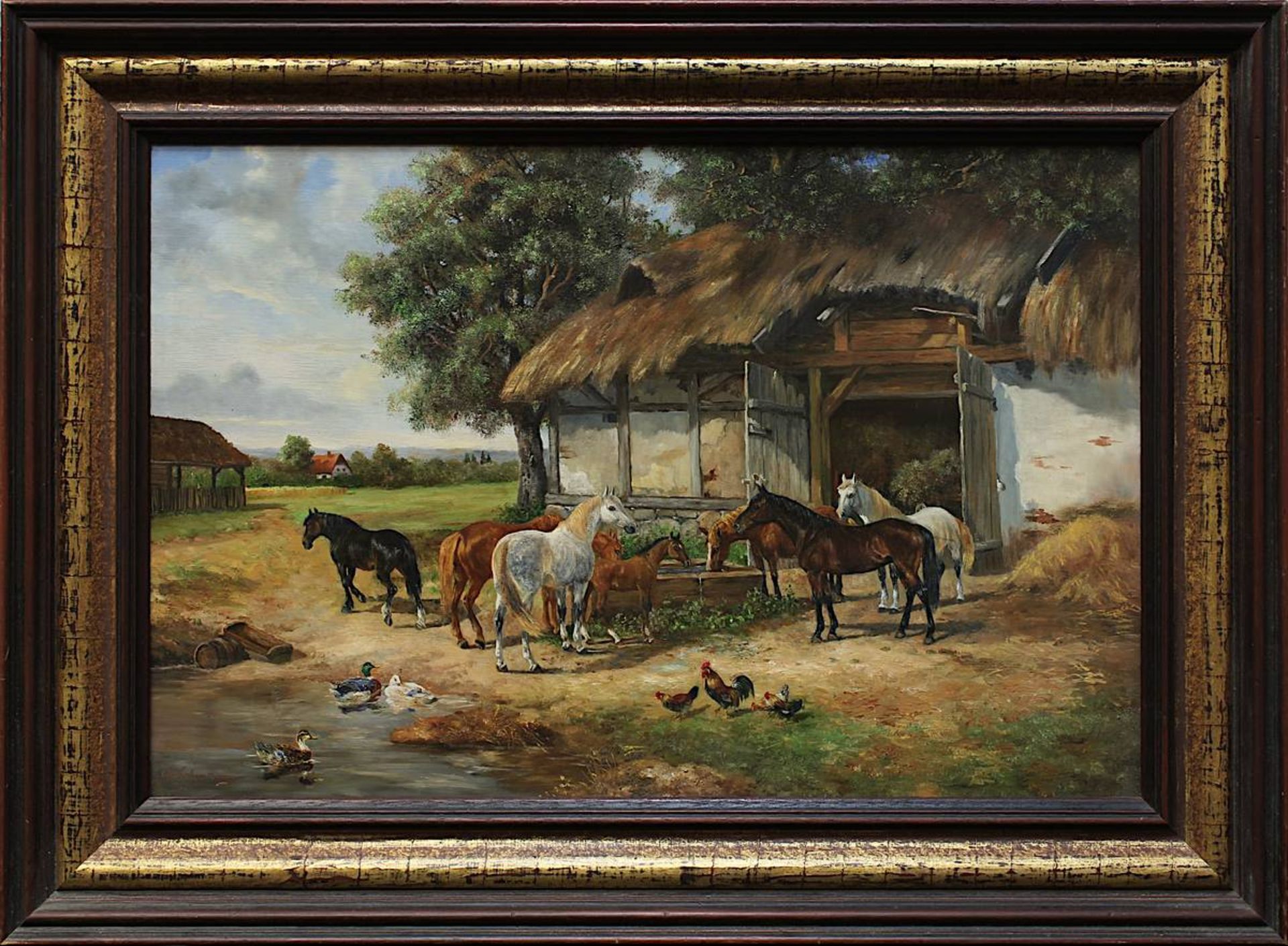 Lohmann, Adolf (geb. 1982), Pferde an der Tränke vor ihrem Stall mit Enten und Hühner, Öl auf