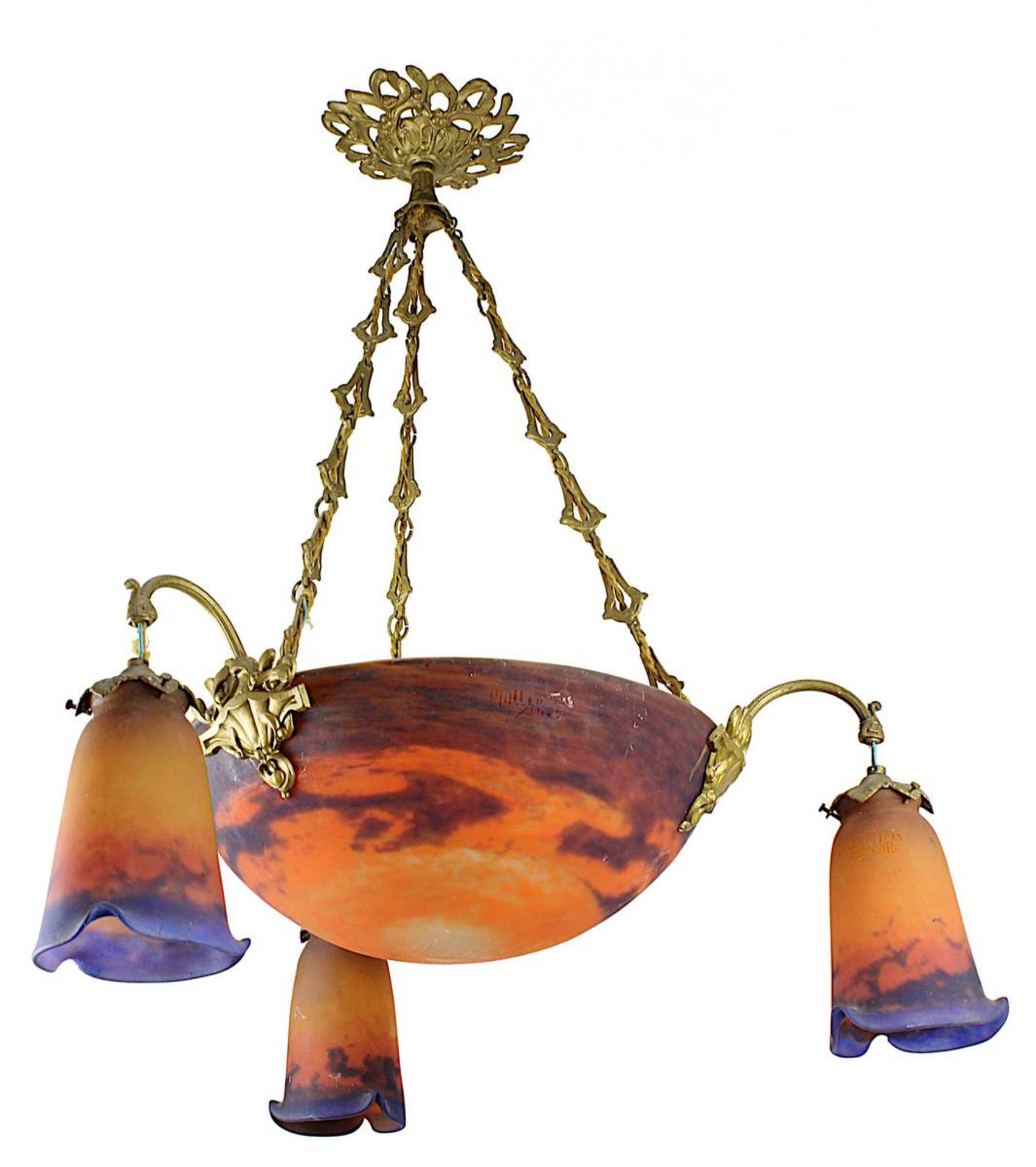 Muller Frères Art-Déco-Deckenlampe, Luneville um 1920, florale Messingmontur, schalenförmiger