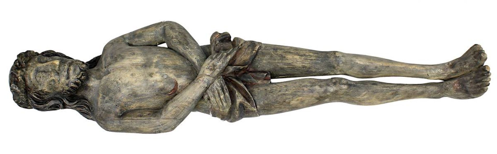 Grablegungschristus, süddeutsch 19. Jh., Holz geschnitzt, mit wenigen Fassungsresten, Dornen der