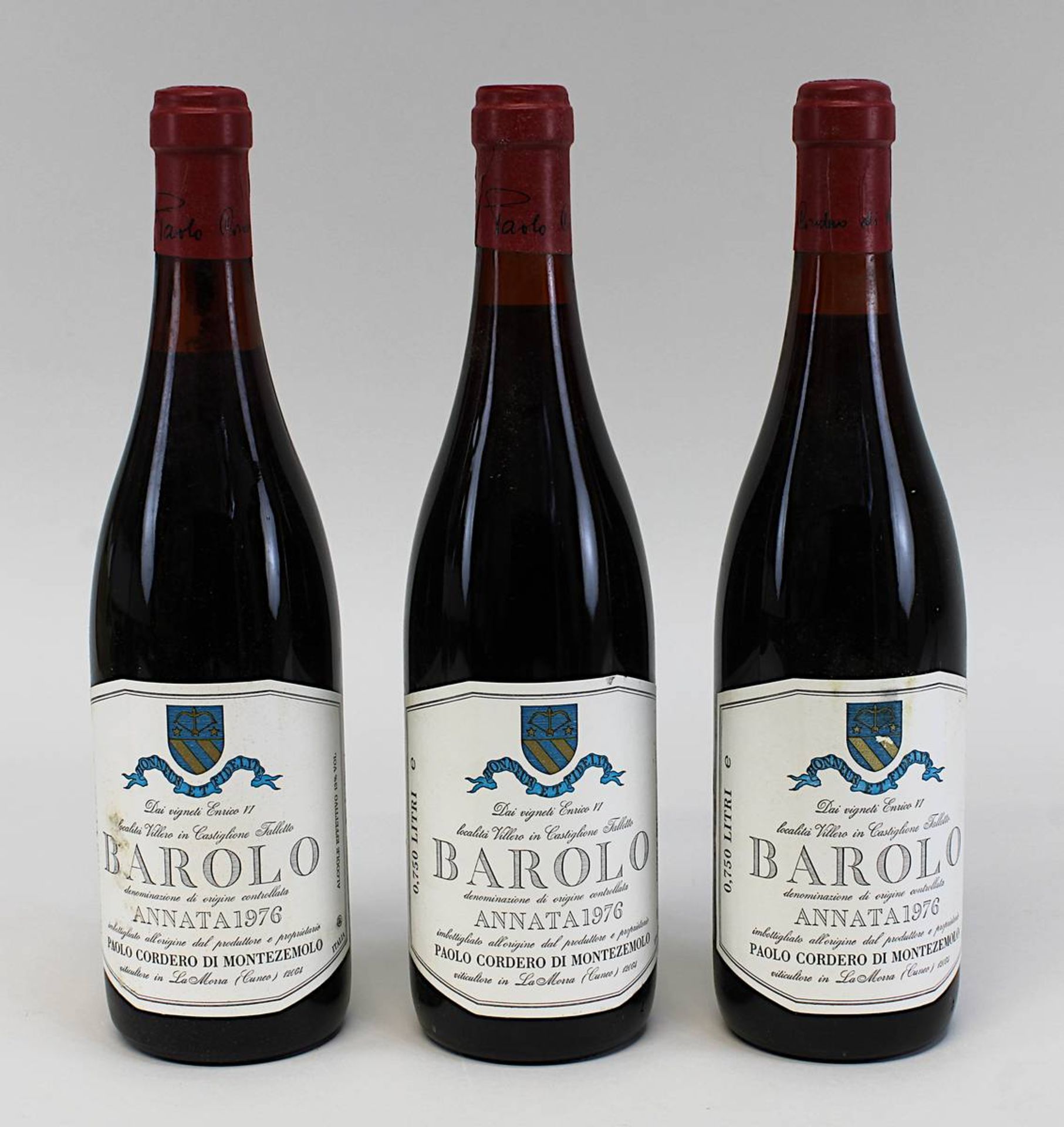 Drei Flaschen 1976er Barolo, Paolo Cordero Di Montezemolo, La Morra (Cuneo), Füllhöhe: unterer