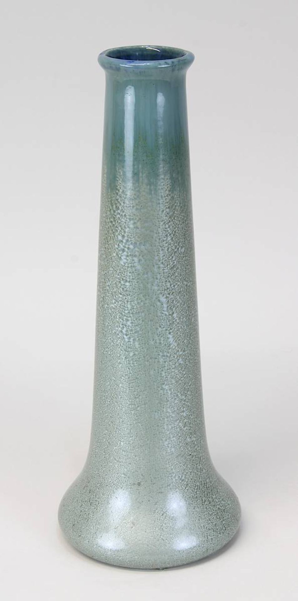 Sarreguemines Jugendstil-Keramikvase mit Kristallglasur, heller Scherben, taubenblau-grüngraue