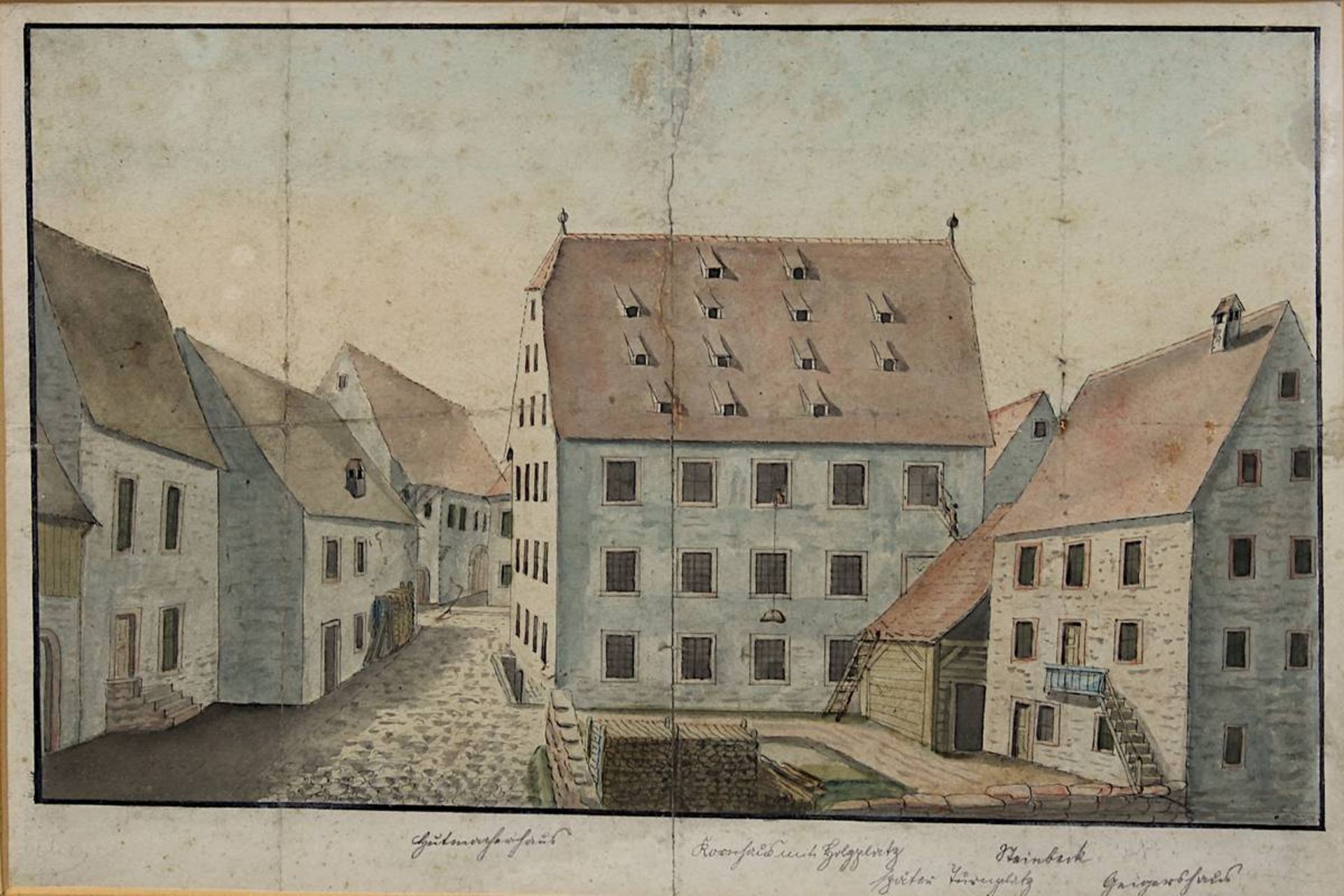 Vier Ansichten der Stadt Schopfheim: Ansicht Stadt Schopfheim, aquarellierte Zeichnung, betitelt - Bild 6 aus 9