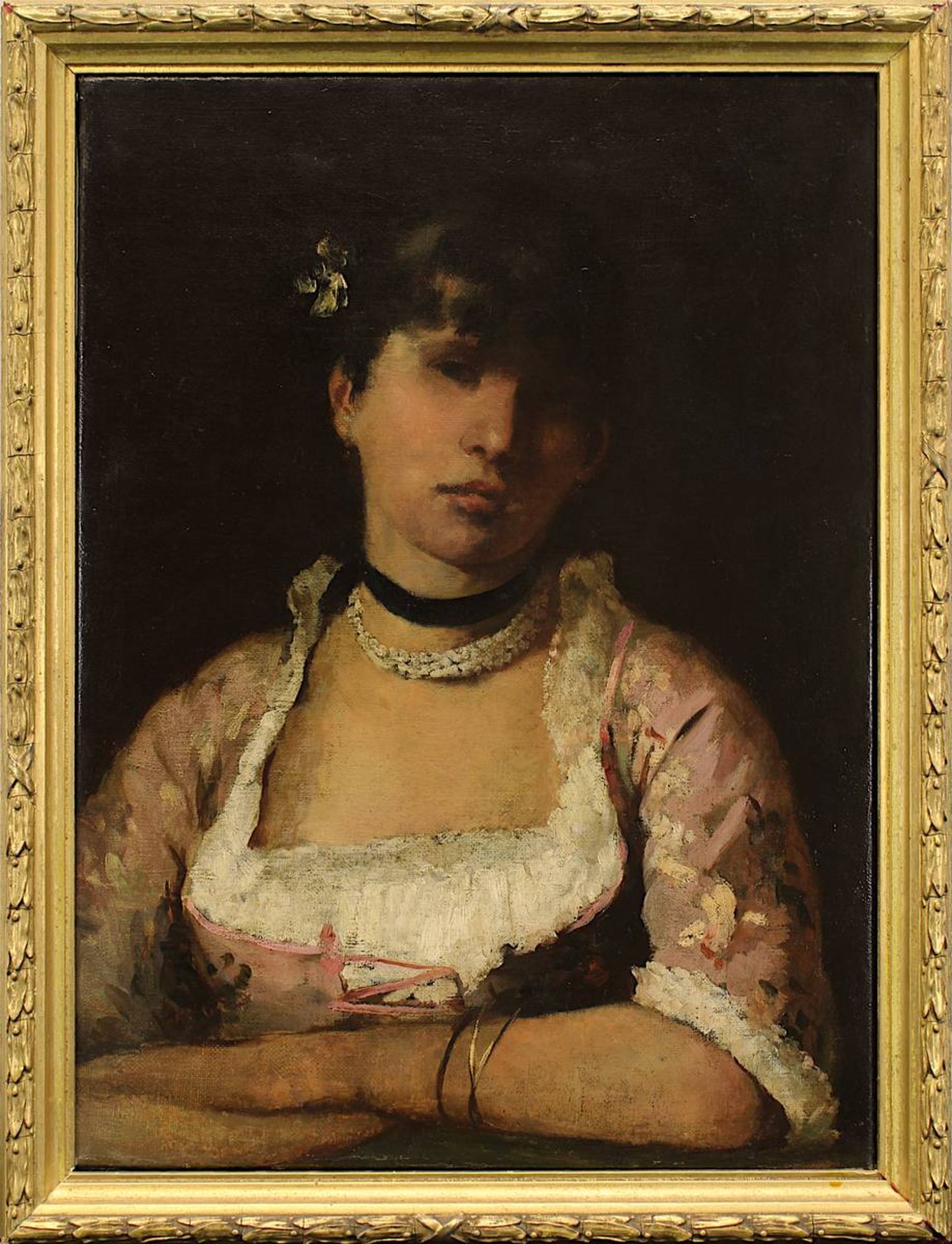 Bildnismaler, Frankreich 2. H. 19. Jh., Halbporträt einer Pariserin, Öl auf Leinwand, doubliert, auf