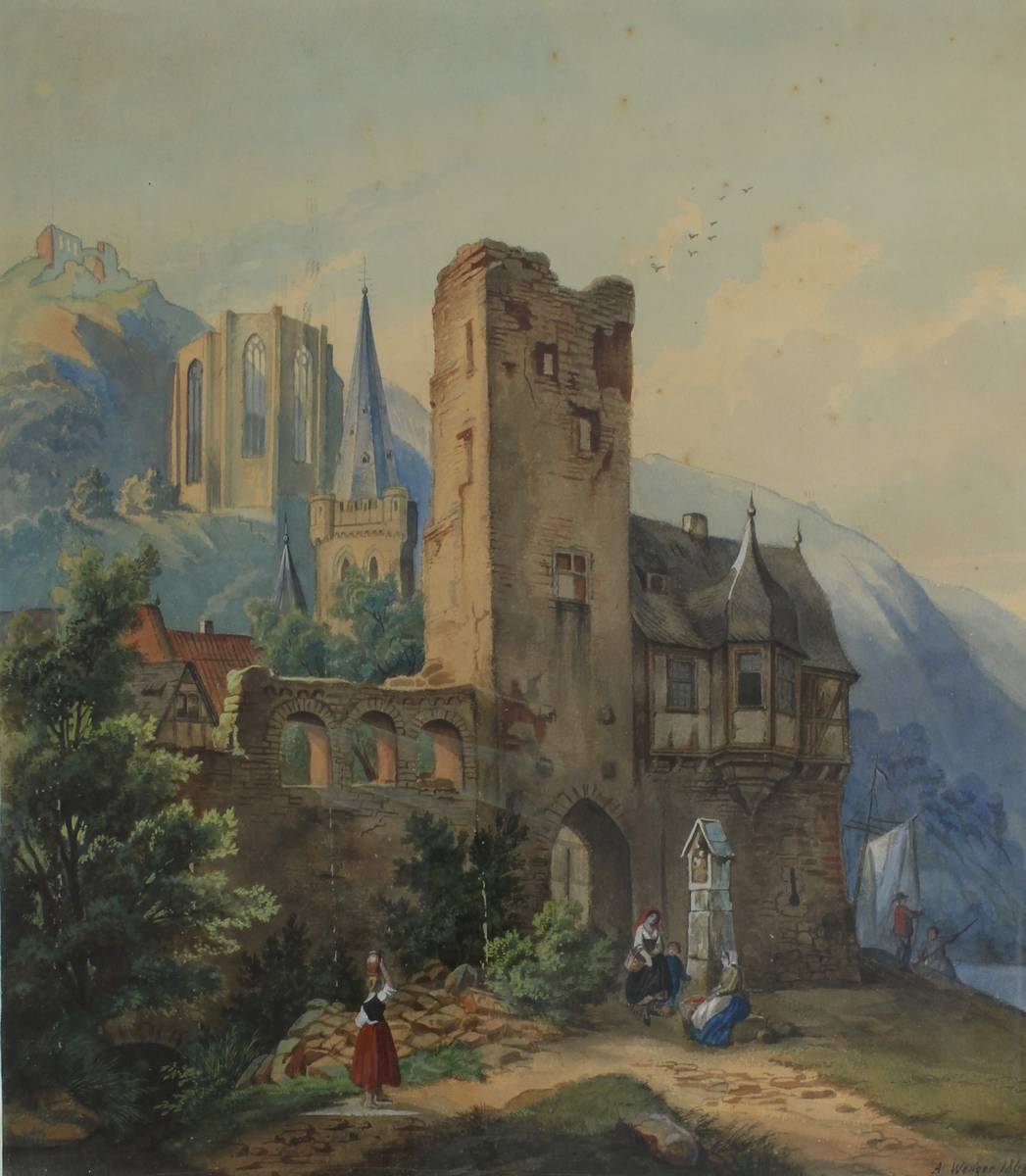 Weliger, A., Aquarellist M. 19. Jh., imposanter Torbau u. Kirchturm vor der Wernerkapelle von - Image 2 of 3