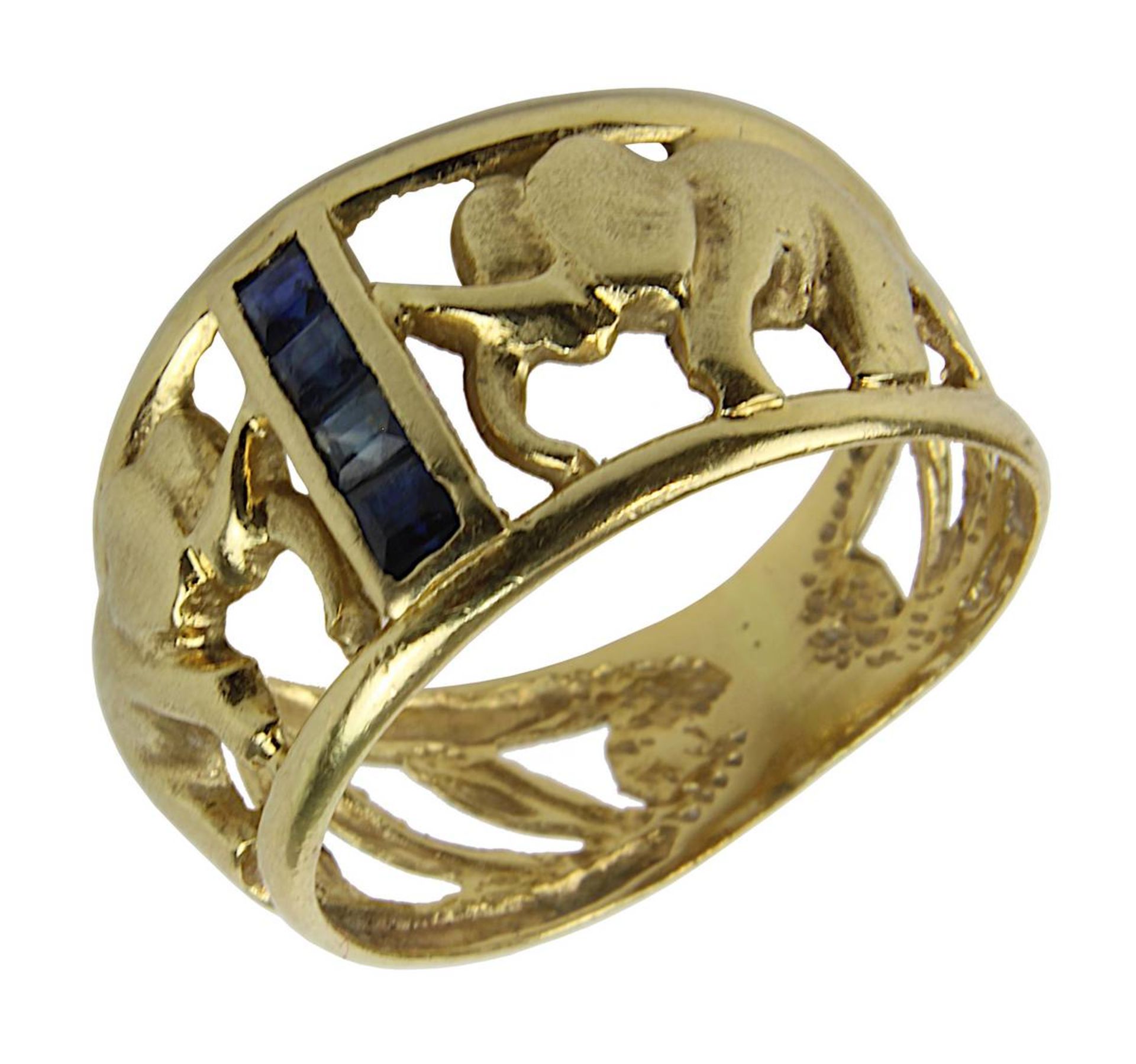 Gelbgold-Damenring mit Elefantendekor und Saphiren, auf Ringschiene gestempelt 750, Ringkopf besetzt