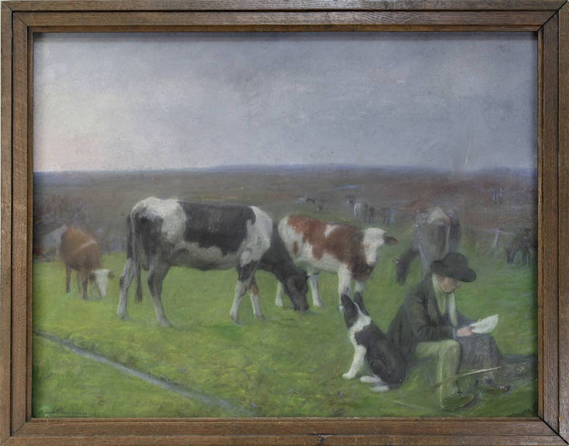 Neumanns, Jean (1888 - 1973), Kuhhirte mit Kühe auf der Weide, Pastell auf Malkarton, links unten