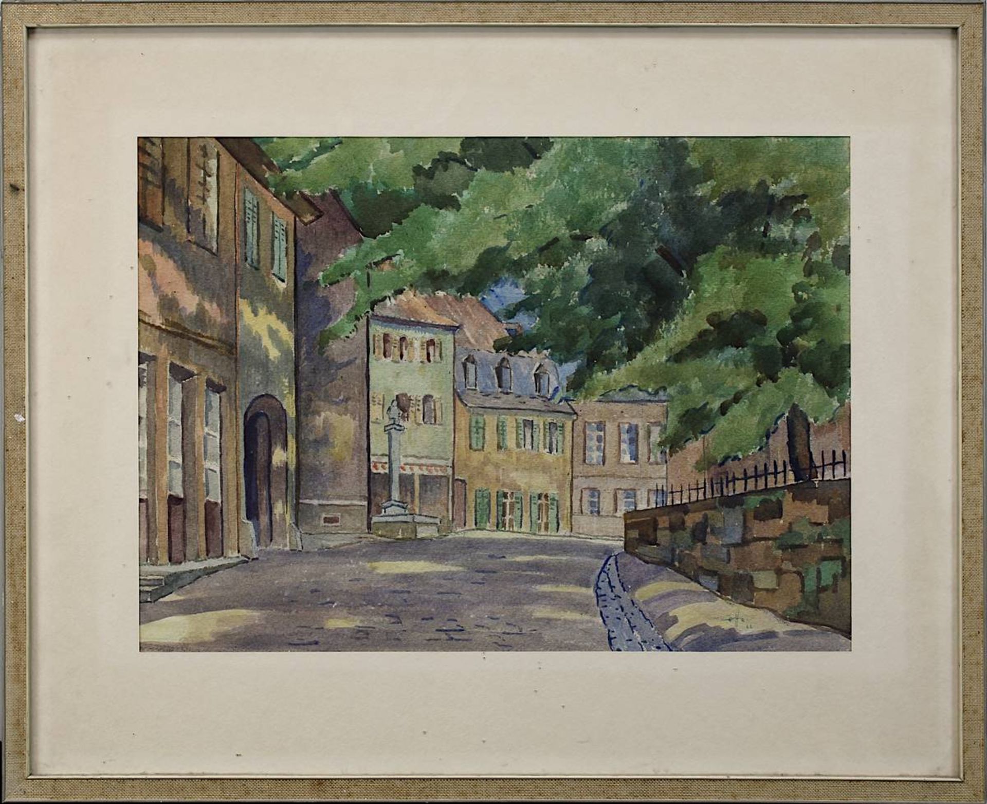 Aquarellist, Straßenzeile unter grünem Baum, u. re. unleserlich signiert (offa?) und datiert (19)66,