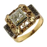 Bicolor-Damenring mit Diamantrosen, Frankreich um 1930, handgefertigte Roségold-Ringschiene, 18 k,