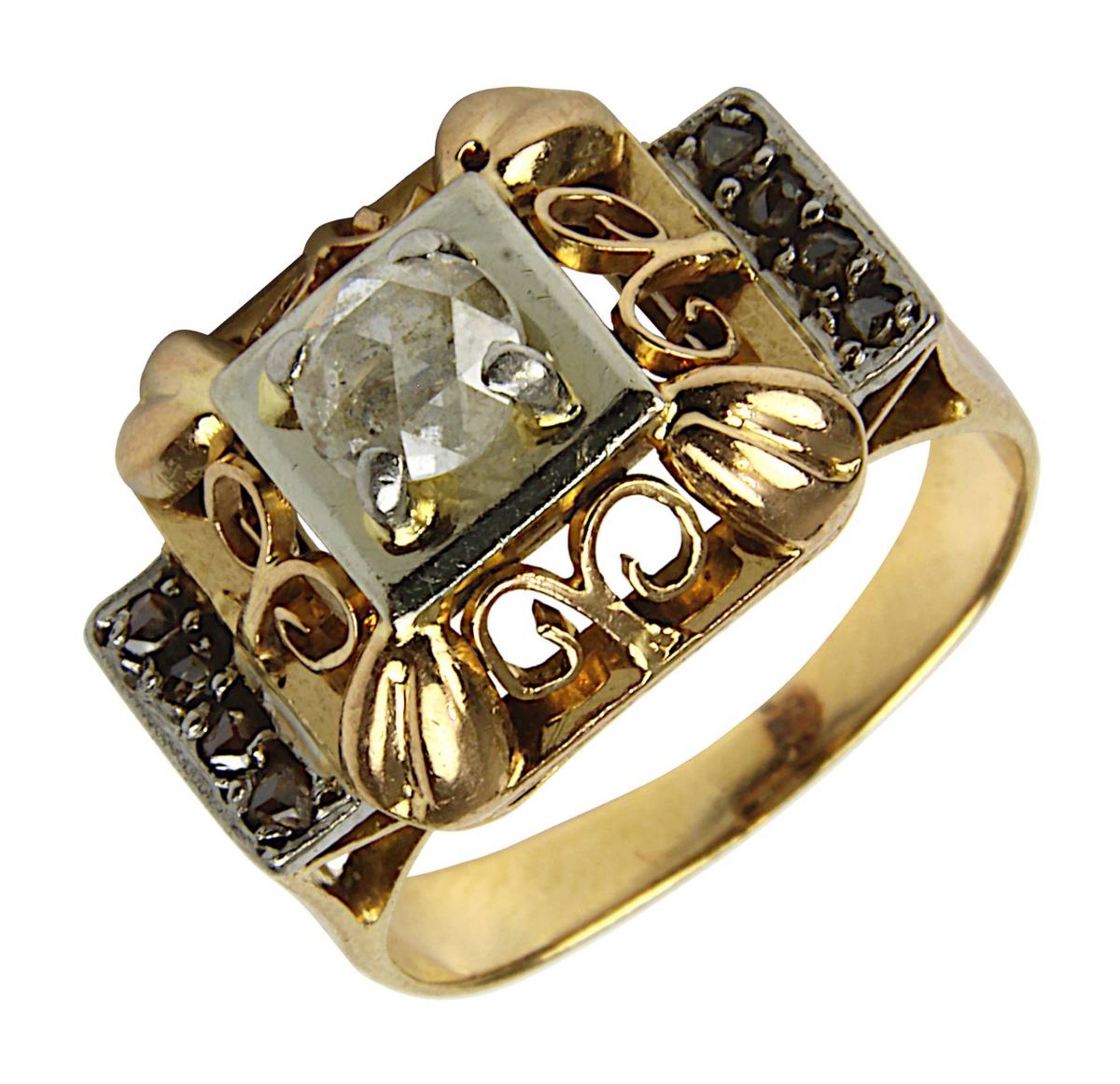 Bicolor-Damenring mit Diamantrosen, Frankreich um 1930, handgefertigte Roségold-Ringschiene, 18 k,