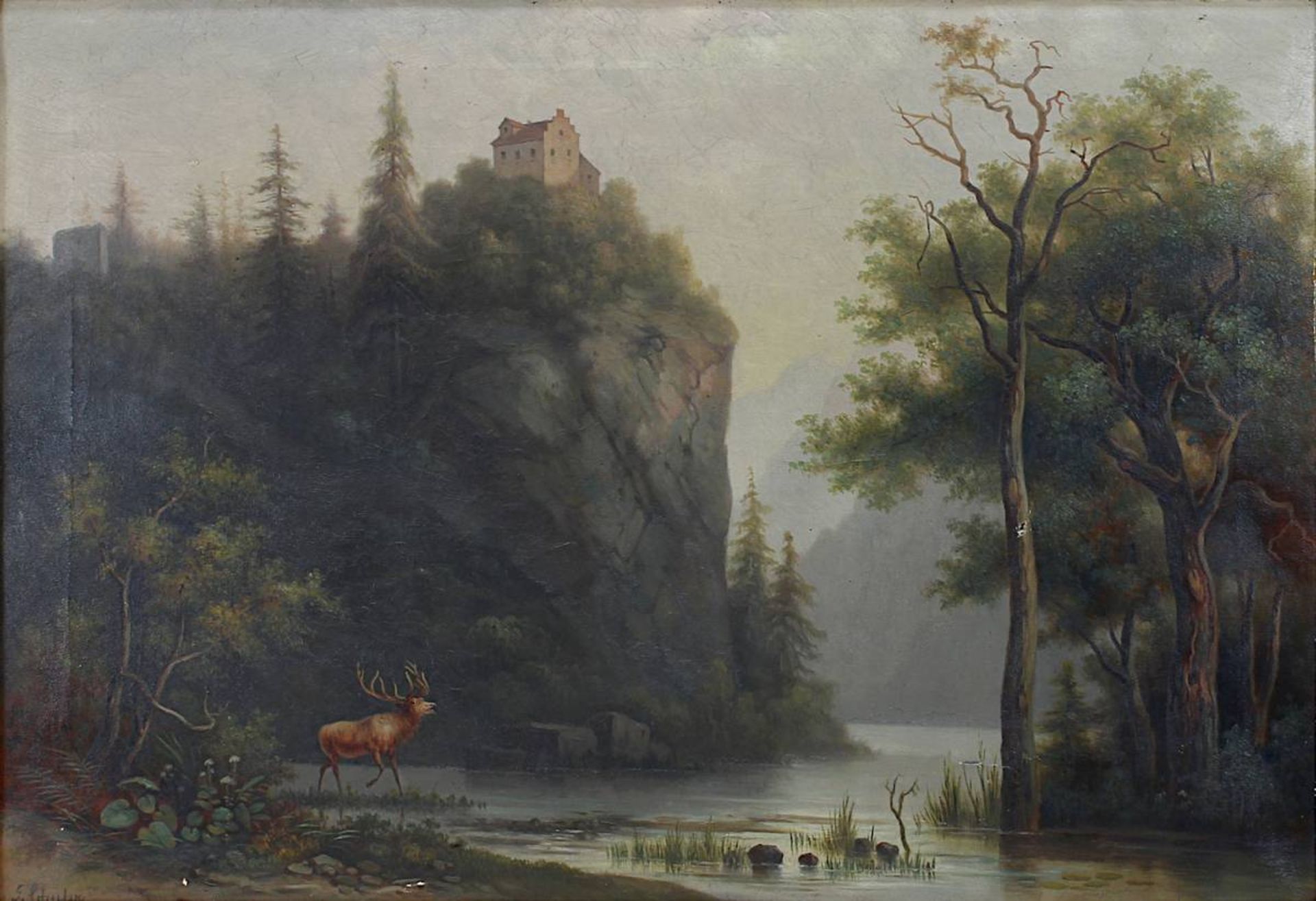 Landschaftsmaler G. Schuler, um 1890, Röhrender Hirsch im Bachtal vor Felsen mit Burg, Öl auf - Image 2 of 4