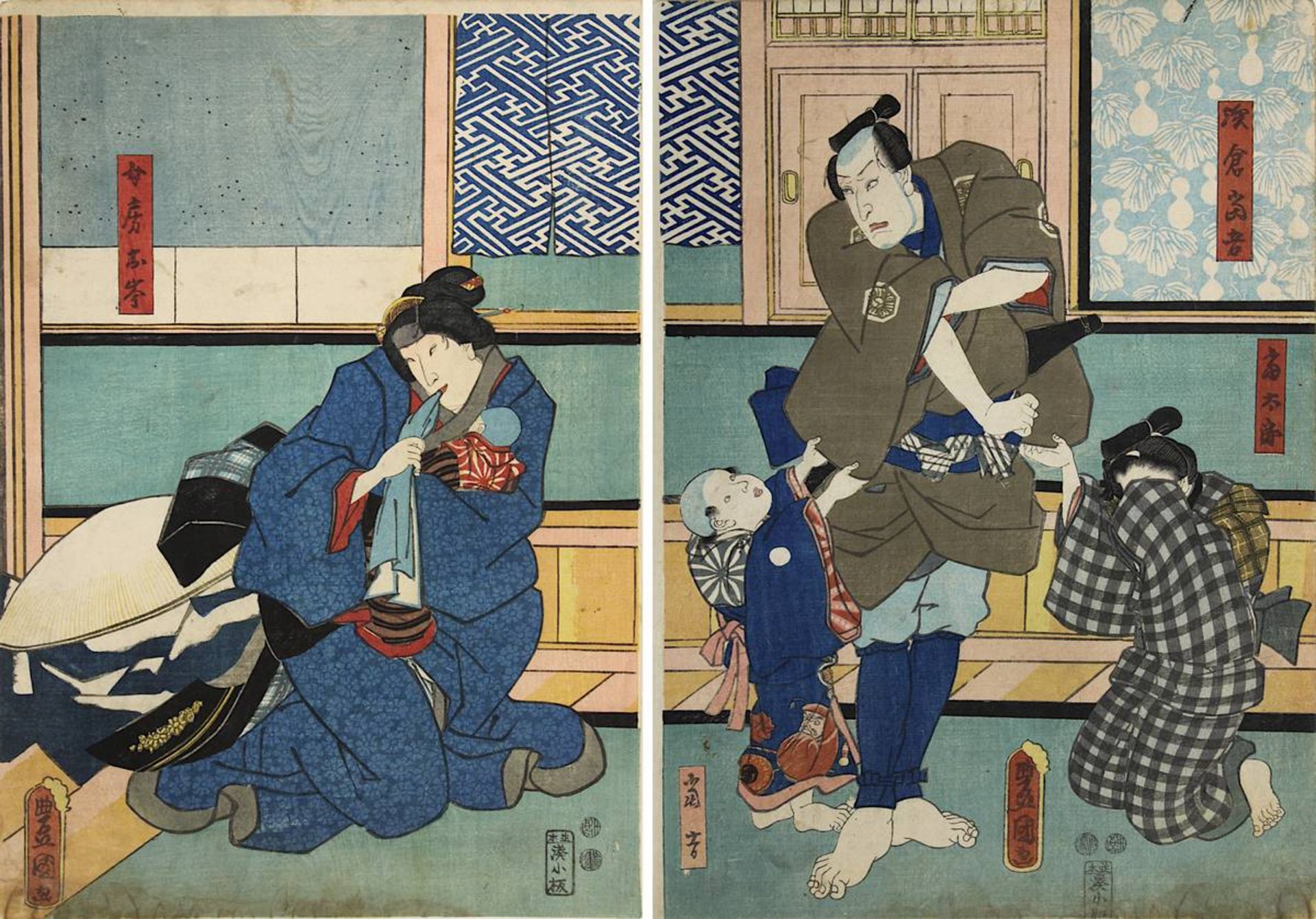 Utagawa Kunisada (1786 - 1865), 2 zusammengehörige japanische Farbholzschnitte mit Theaterszene,