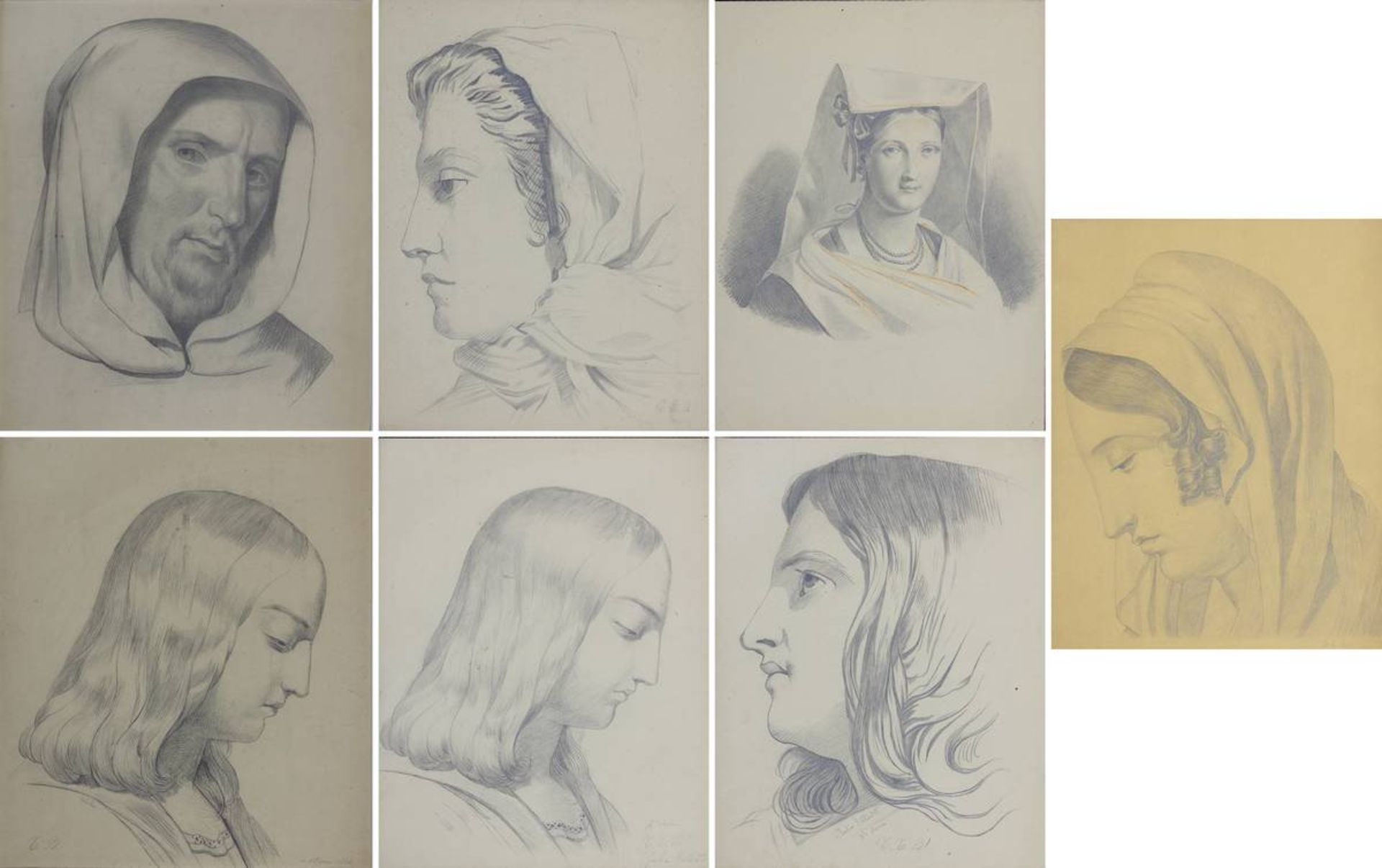 Zeichner, 2. H. 19. Jh., sieben Porträtdarstellungen in Bleistift, teils als Studie, einige