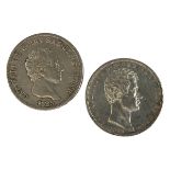 Zwei 5 Lire Münzen: Königreich Sardinien-Piemont, König Karl Felix von Savoyen, 1825, 900er