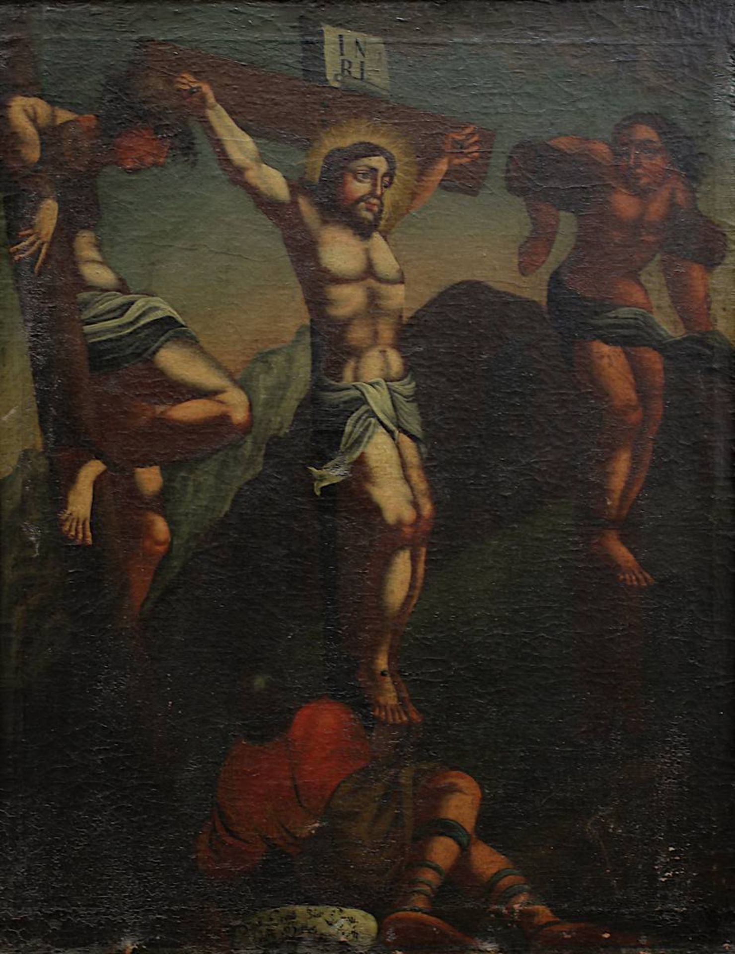 Heiligenmaler 18./19. Jh., Christus am Kreuz, flankiert von den beiden Schächern, wohl - Bild 2 aus 3