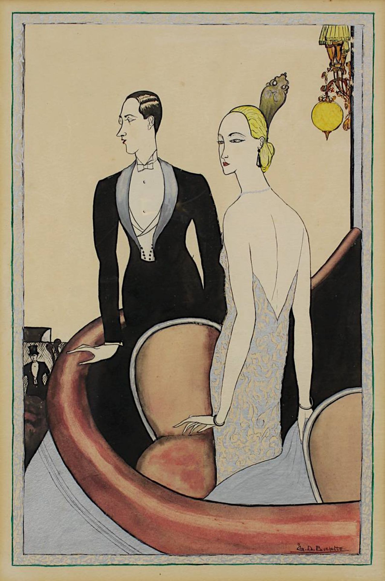 Buchetto, G. D. (Künstler um 1920/30), Darstellung eines eleganten Paares in einer Loge, Aquarell, - Image 2 of 3