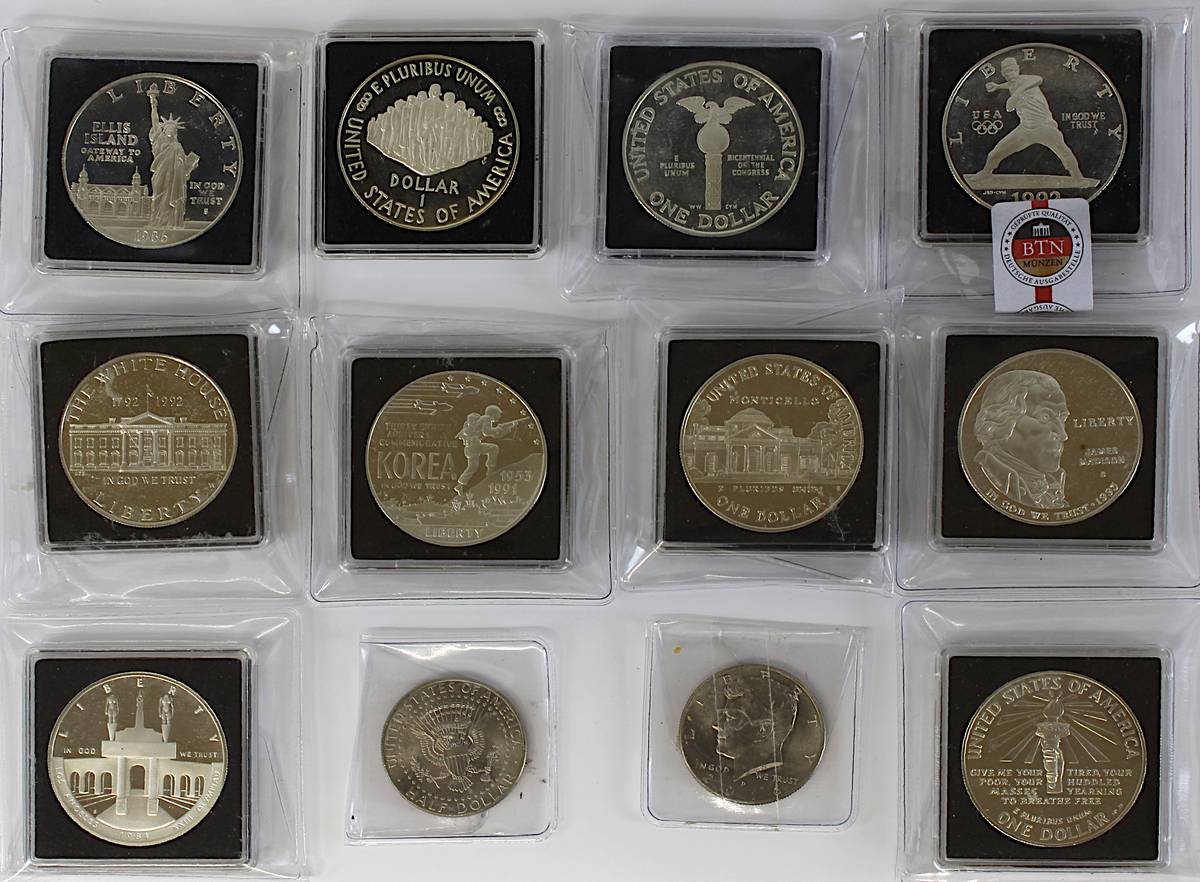 Zehn 1 Dollar Münzen USA 1980er/1990er Jahre, Silber, Erhaltung: Stempelglanz, versch. Motive: