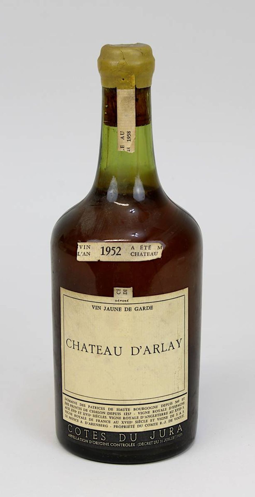 1 Flasche 1952er Château d´Arlay, Vin Jaune de Garde, Bourgogne, Cotes du Jura, Privatabfüllung