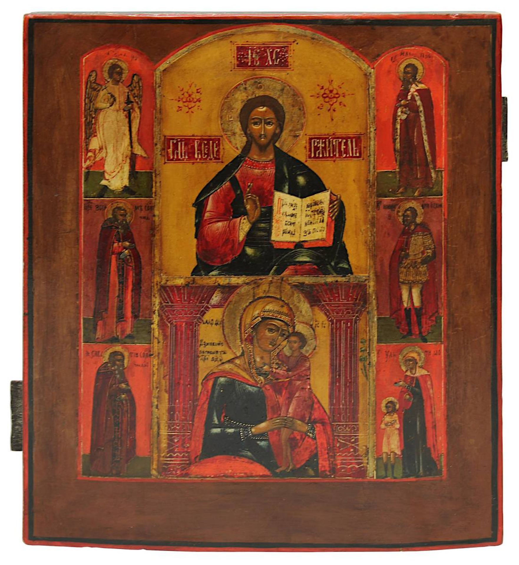 Mehrfelderikone, Zentralnordrussland Mitte 19. Jh., Tempera auf Holz, mittig Christus Pantokrator