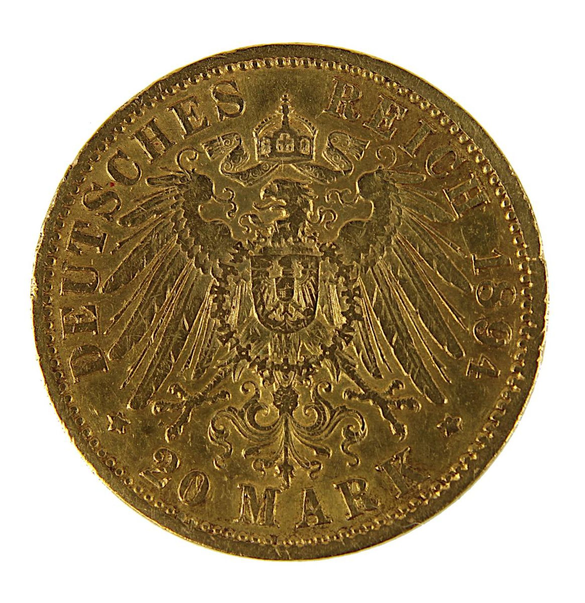 Goldmünze zu 20 Mark, Deutsches Reich 1871 - 1918, Baden 1894, Avers: Kopf Friedrich I Großherzog - Bild 3 aus 3