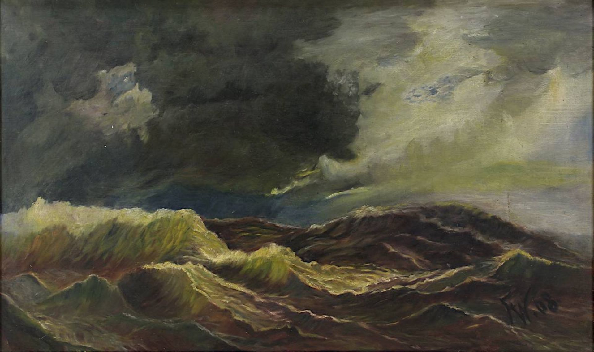 AV, Monogrammist, stürmische See in der Abenddämmerung 1908, Öl auf Leinwand, rechts unten - Image 2 of 4